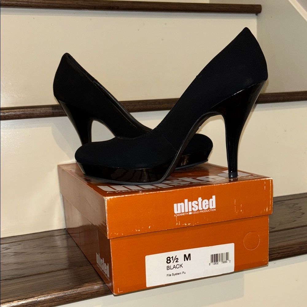 Unlisted Black Stiletto Heels Suede Pointed Toe